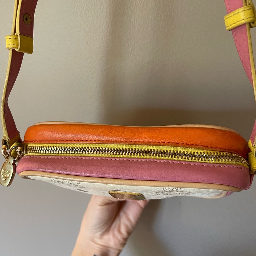 MCM Visetos Small Mini TwoWay Crossbody Leather Zip Bag Pink White Yellow Orange - Picture 5 of 9